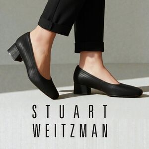 Stuart Weitzman Classic #90s Black Textured Square Toe Low Block  Heel Pumps